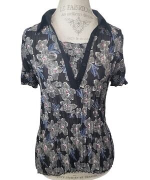 Antilia Femme Floral Print Collared Short Sleeved Blouse Shirt | Size Medium